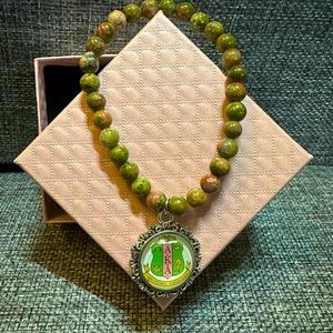 AKA Charm on Natural Unakite 6mm 7.5” Pink and Green Crystal Stretch Bracelet